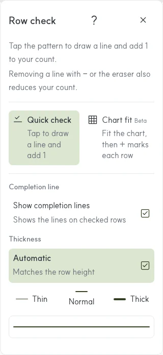 Web PDF row check showing the default Quick check and Chart fit beta modes